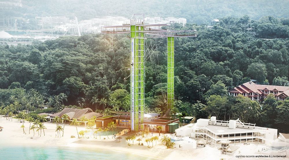 teh aj hackett tower in the sentosa island is the place where you'll do your bungee jumping