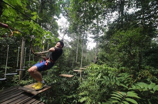 walking on the hanging bridge in the skytrek langkawi